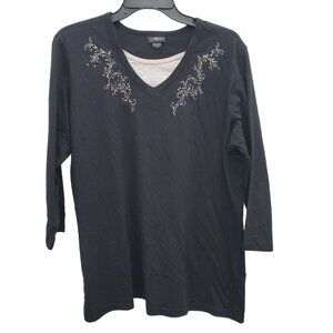 Trillogy by Morning Sun Women's Black White Faux Layer Basic 3/4 Sleeve‎ Tee XL
